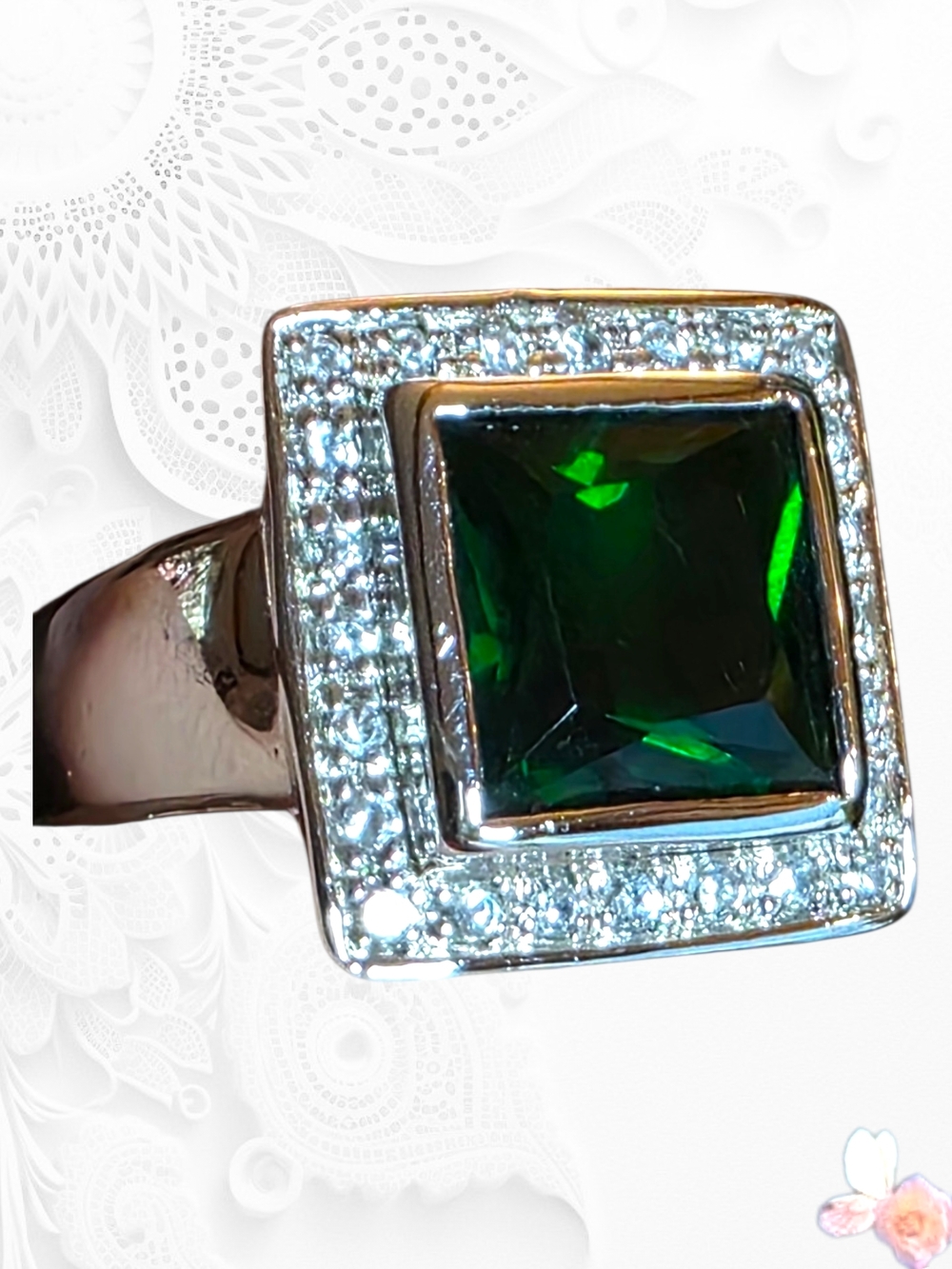 Uncas 925 Square Green Crystal Halo Ring Statement Sterling Size 7